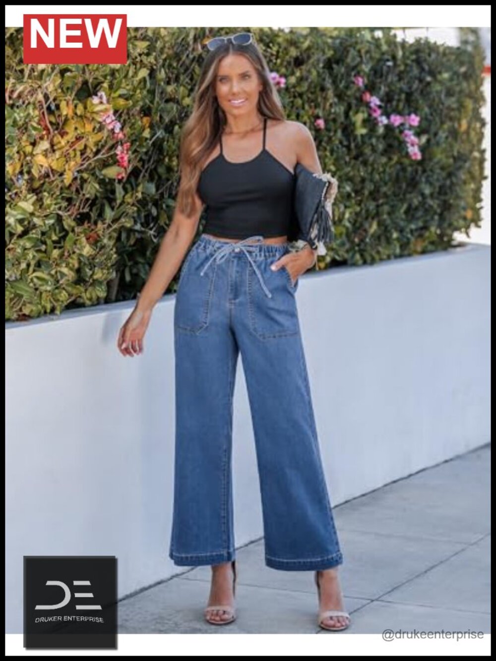 High Rise Wide Leg Jeans with Drawstring Waist Elastic Stretchy Denim Pants - Picture 4 of 6